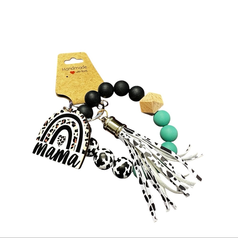 Black and Teal Beaded Keychain with Tassel